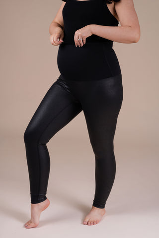 seamless leather look shapewear leggings by luxeso clothing, leg close up
